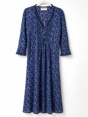 Navy Printed Button-Front Midi Dress